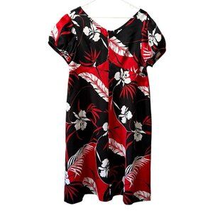 Hukilau Fashions Dress Sz 20 Red Floral Hawaiian Tropical Beach Red Black‎ VTG